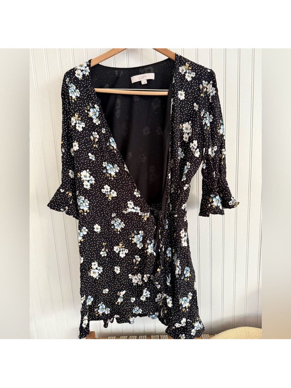 LOFT Black Floral Wrap Mini Dress with Light Blue & White Flowers
